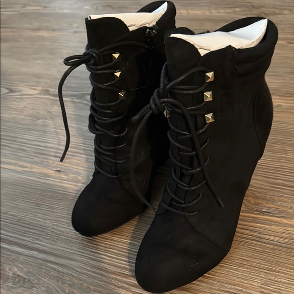 Black Lace Up Boots with Wedge Heel - Picture 1 of 4